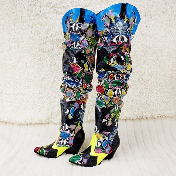 Kelsey / Hilda Western Thigh high slouch cowboy boots Multi Color Snake - Picture 5 of 12